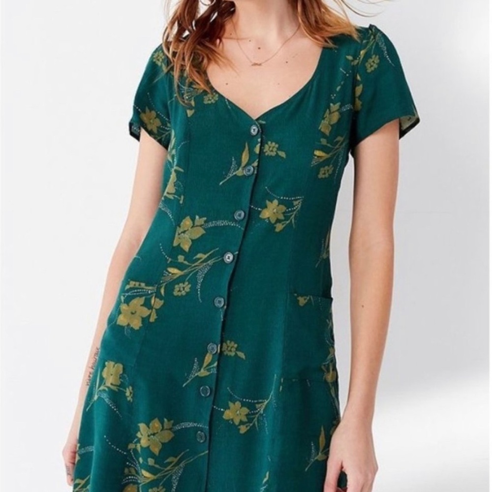 Urban Outfitters Green Button-Up Floral Dress